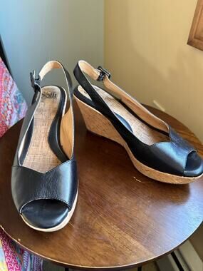 Söfft‎ Black Leather Cork Wedge Sandals Slingback Peep Toe Platform 10M